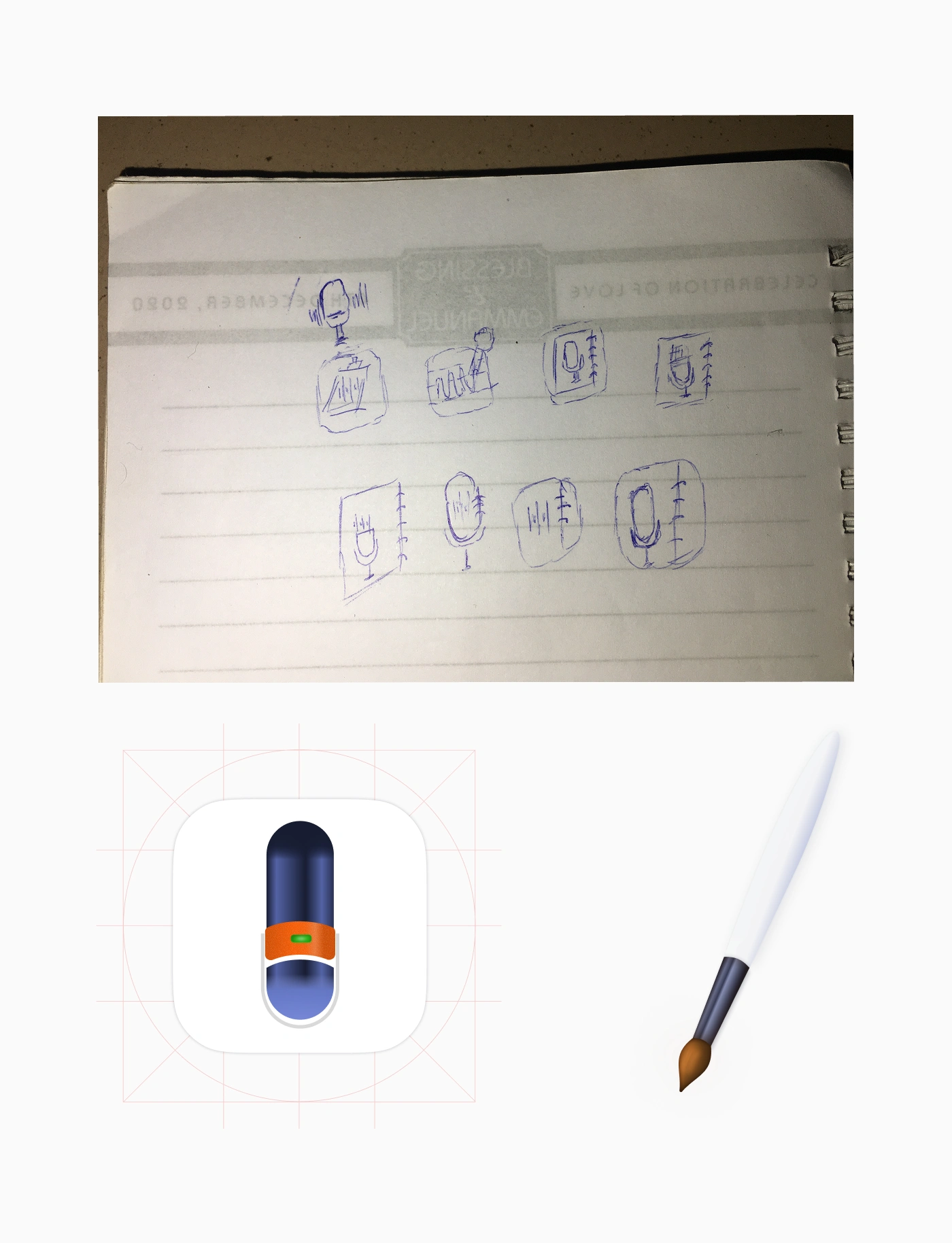 Sketchbook page of microphone icon thumbnails beside the first finished icon and brush