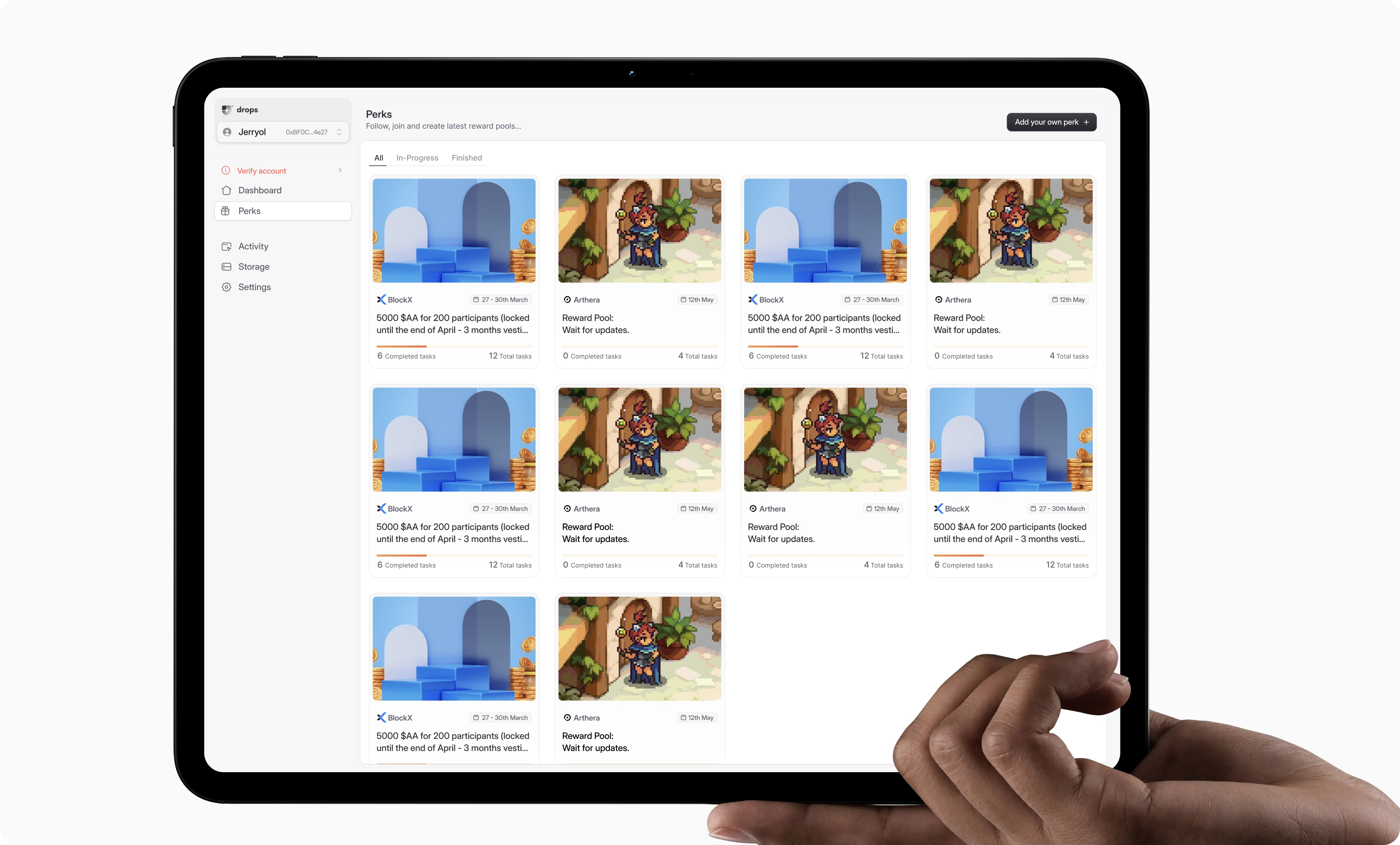 Drops dashboard on an iPad, Perks reward grid