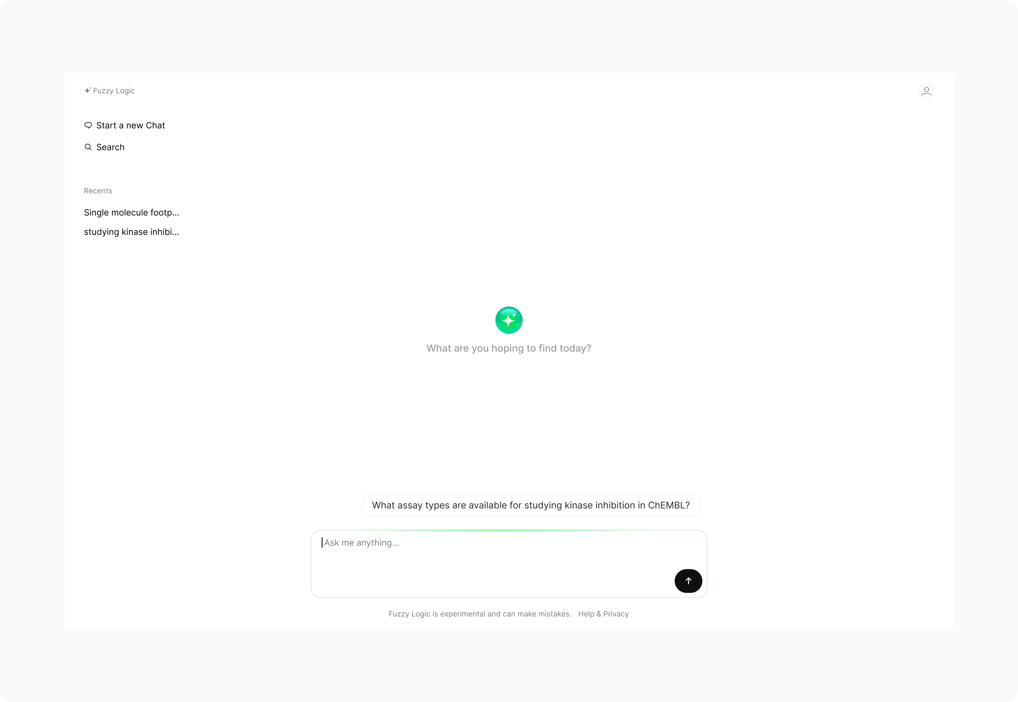 Fuzzy Logic empty chat state asking what you hope to find