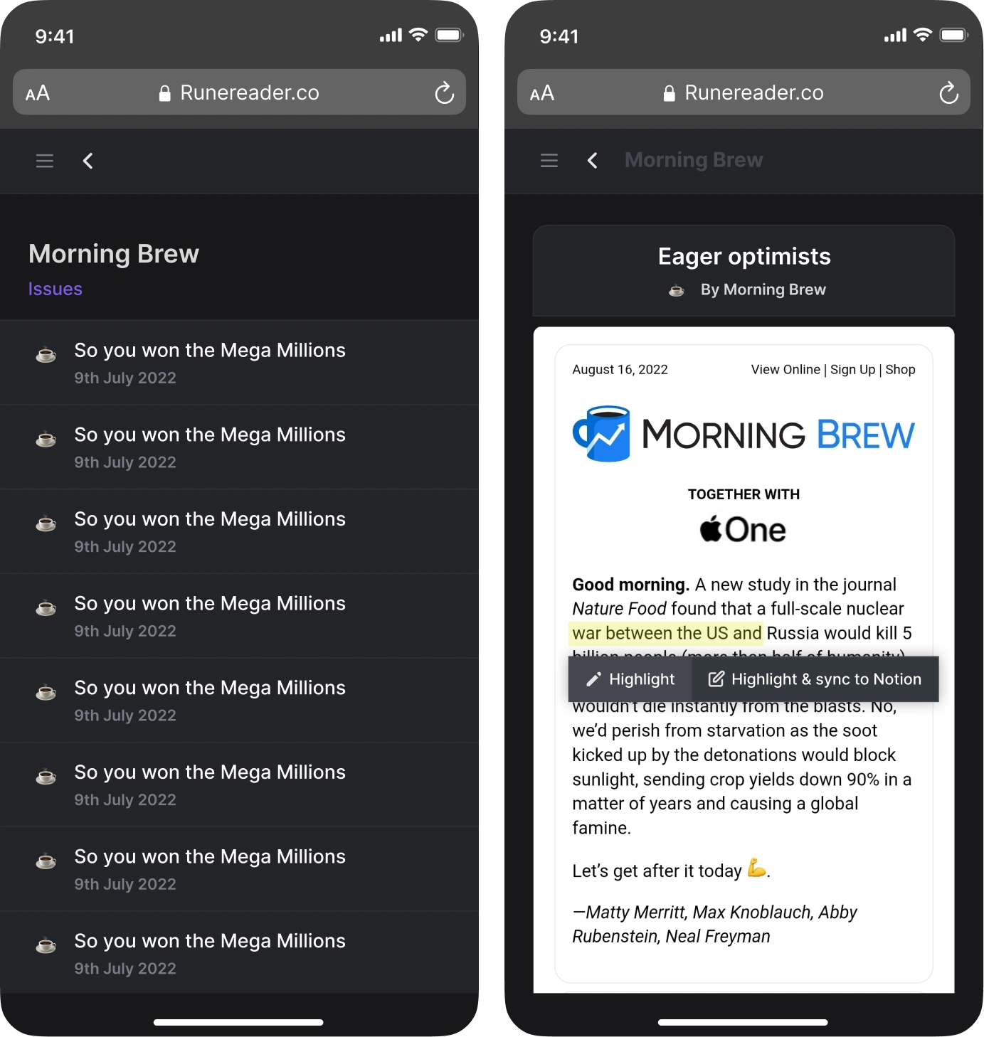 Newsletter detail and issue reading view on mobile